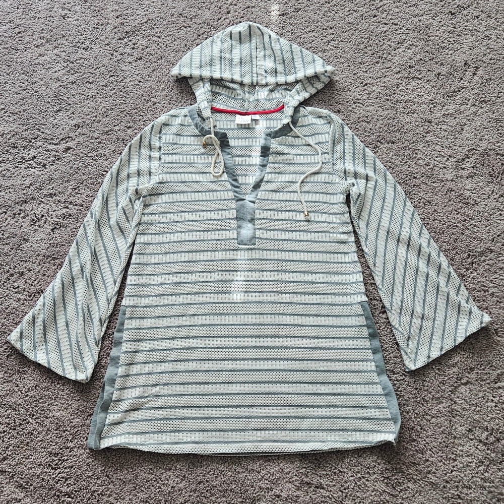 Beach Break Swim Cover Up Size M Striped‎ Mesh Hooded Tunic Coastal Nautical